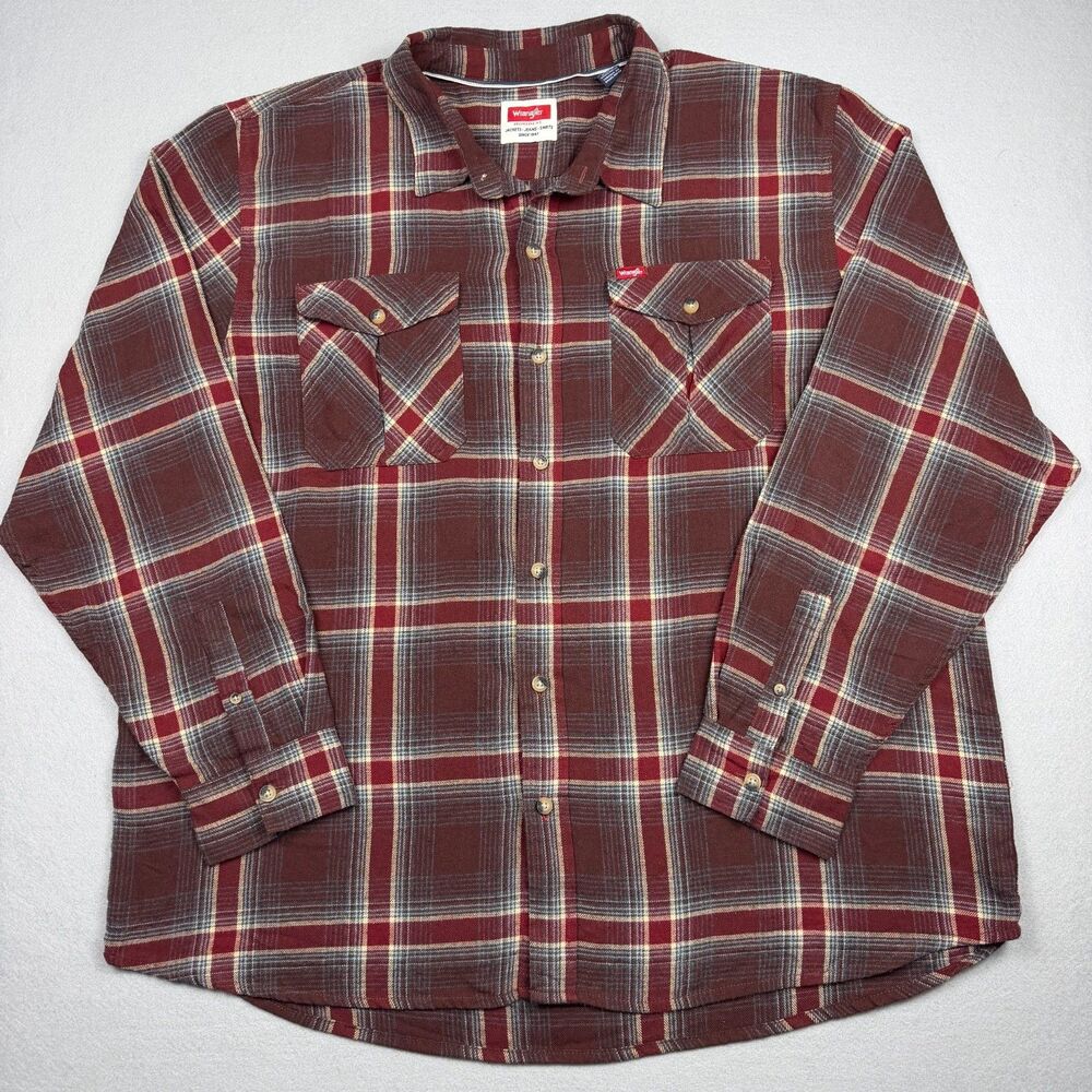 Wrangler Men's Plaid Button Up Shirt 2XL Burgundy Western Flannel Cotton Blend